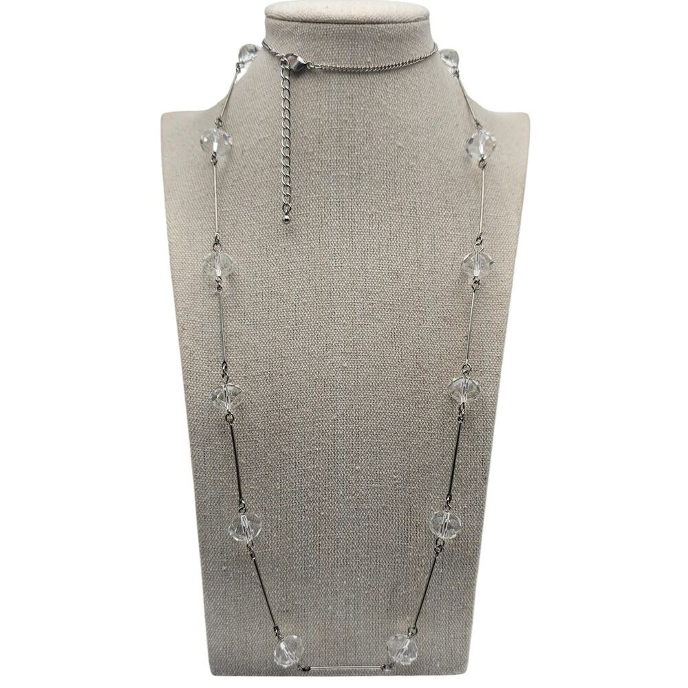 Silver Faceted Crystal Beaded Necklace Long Layering Chain Minimal Elegant